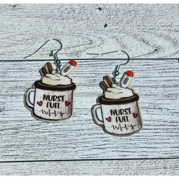 Nurse Fuel Coffee Mug Earrings Cute Medical Themed Jewelry Gift - Picture 2 of 4
